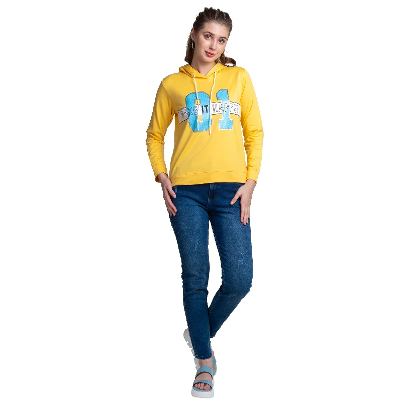 Lemon Colour Chest Printed Pullover Hoodie For Women