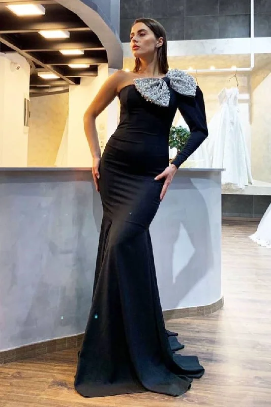 ELEGANT BLACK CHIFFON MERMAID PROM DRESS BOW ONE SHOULDER WITH LONG SLEEVE ON ONE SIDE,DS3611