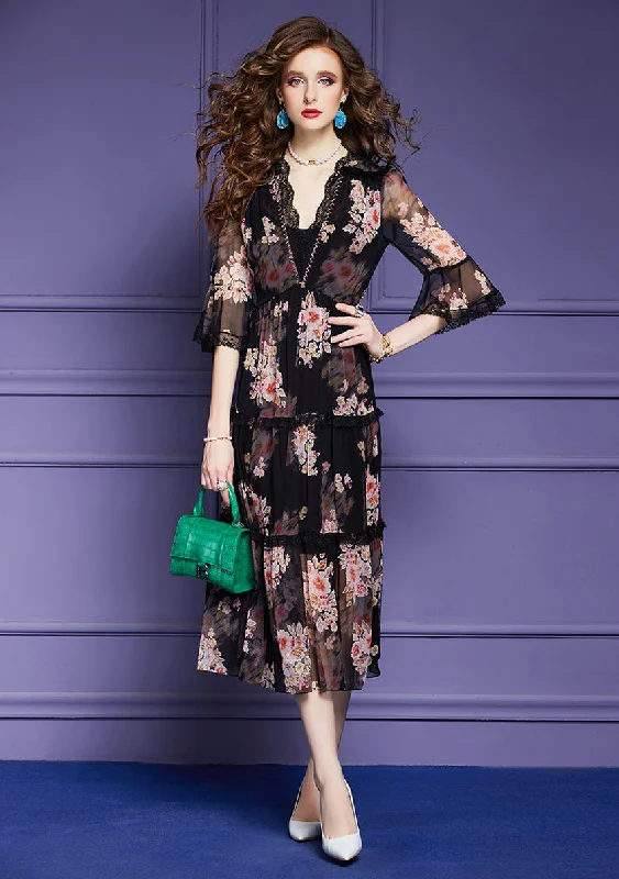 Bottom Dress and Floral Silk Dress Two-piece Set