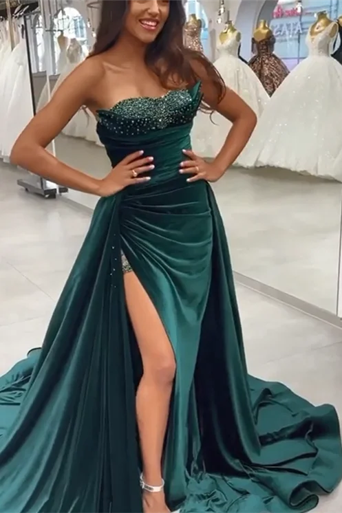 Dark Green Sequins Sleeveless Sweetheart Floor-length Split Front A-line Prom Dresses,F04783