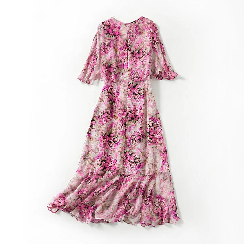 Elegant Long Printed Silk Dress V-neckline Short Sleeves