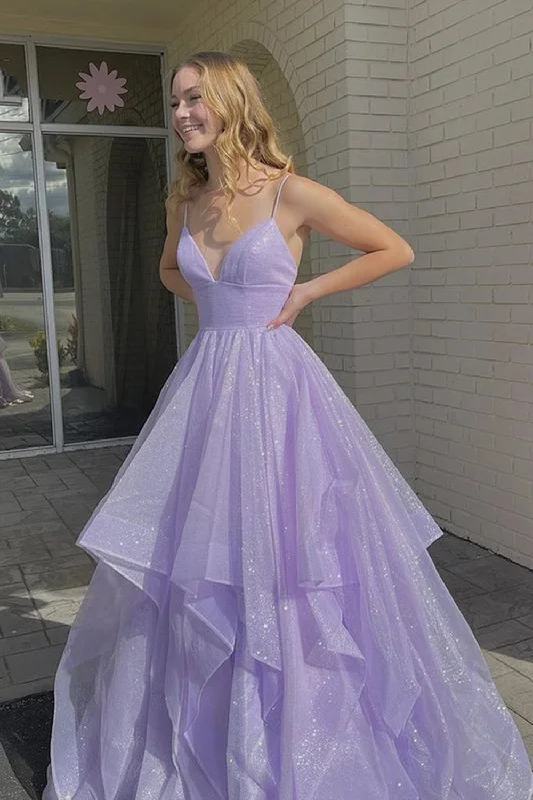 Shiny Sequins V Neck Purple Long Prom Dress Fluffy Purple Formal Evening Dress Sparkly Purple Ball Gown,F04740