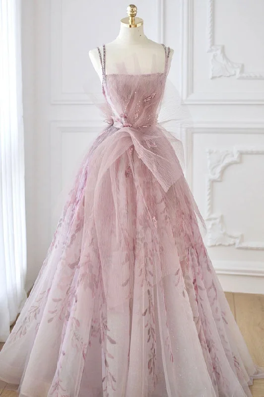 Pink tulle beads long prom dress pink evening dress,DS4512