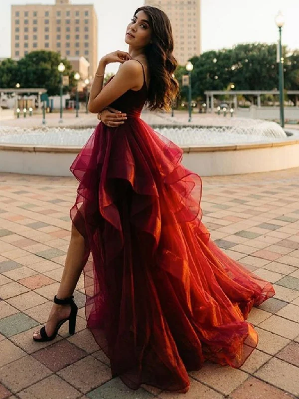 Pretty High Low Burgundy Long Prom Dresses, Wine Red High Low Formal Dresses, Fluffy Burgundy Evening Dresses,DS4425