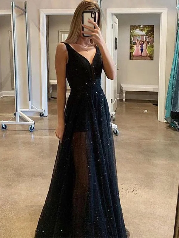 Custom Made A Line V Neck Sparkly Sequins Black Long Prom Dresses,Black V Neck Sequins Long Evening Dresses,DS4550