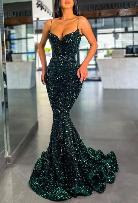 Dark Green Sequins Prom Dress Mermaid Evening Gowns With Spaghetti-Straps,DS4222