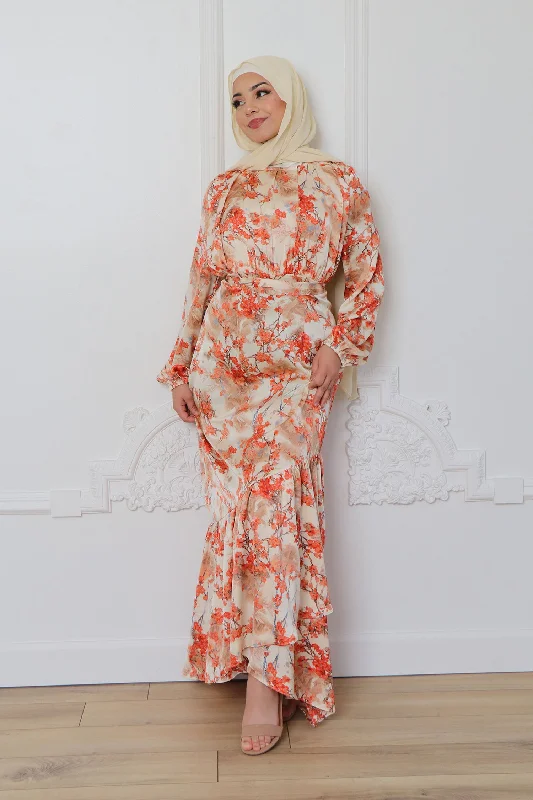 Thalia Satin Floral Chiffon Maxi Dress- Muted Peach