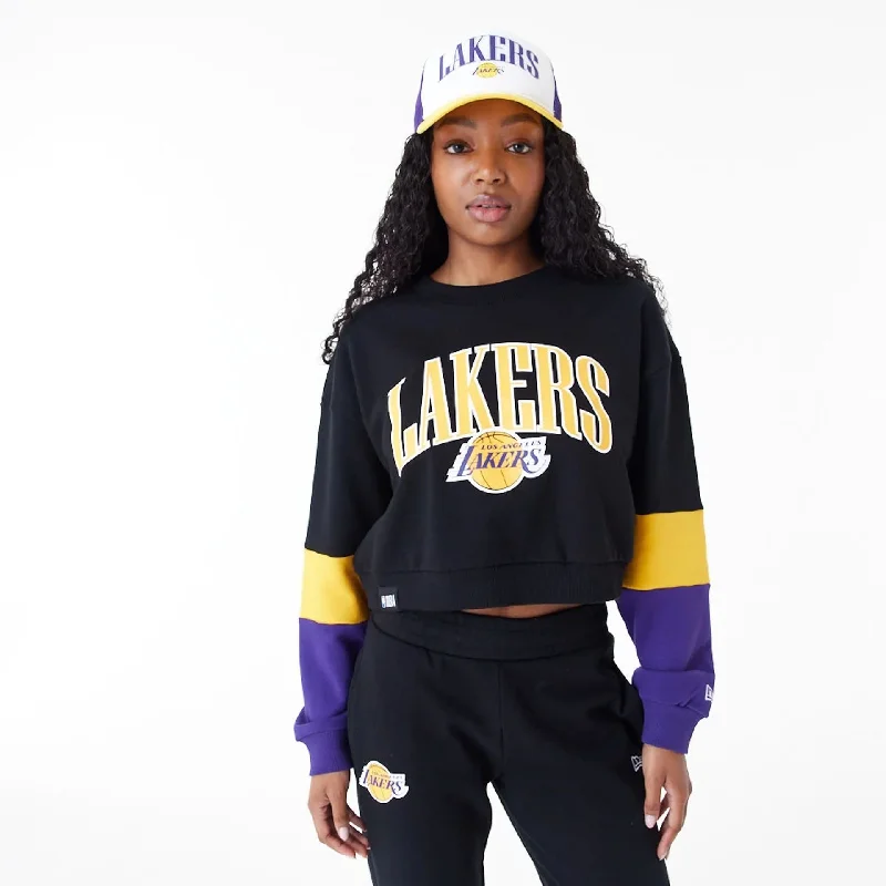 LA Lakers Womens NBA Colour Block Black Crop Crew Neck Sweatshirt