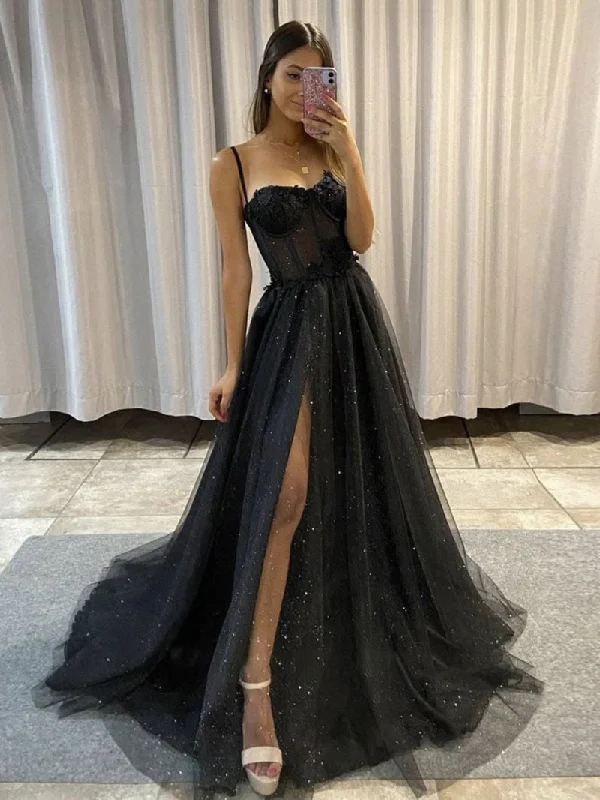 BLACK SWEETHEART NECK TULLE LACE LONG PROM DRESS, BLACK EVENING DRESS,F04751