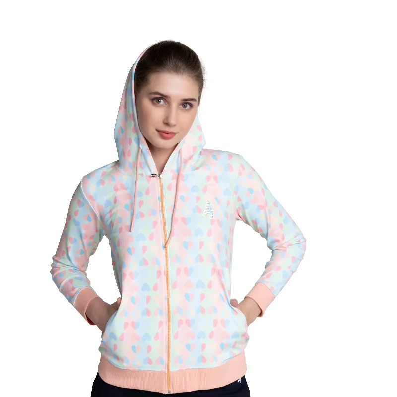 Heart Printed Full Sleeves Zipper Hoodie Sweatshirt For Women