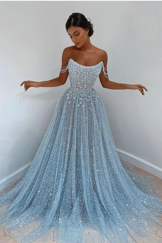 Blue tulle long prom dress blue tulle evening dress sparkle prom dresses,DS4424