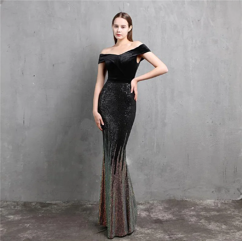 Boat Neck Velvet Contrast Mermaid Maxi Dress