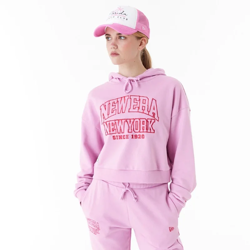 New Era Womens Arch Wordmark Pink Crop Pullover Hoodie