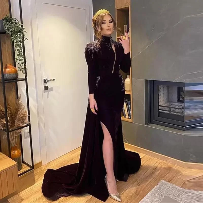 High Collar Sexy Keyhole Neckline Evening Dresses Mermaid Side Split Long Sleeves Prom Party Women Wear Applique Vestidos,LW044