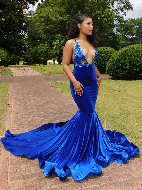 Charming Blue Spaghetti Straps V-neck Transparent lace Column Mermaid Prom Dresses,F04786