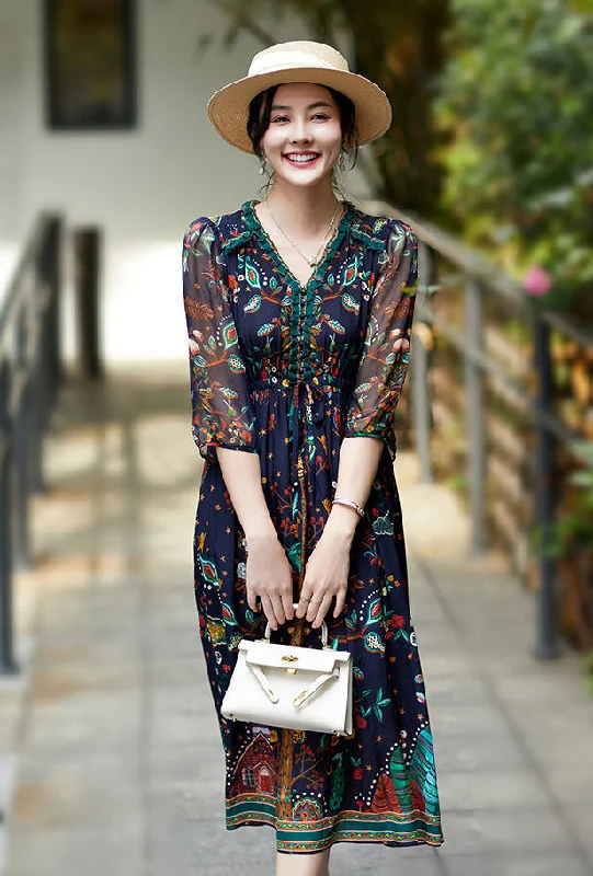 Elegant Floral Pattern 3/4 Sleeve V-Neck Midi Silk Dress