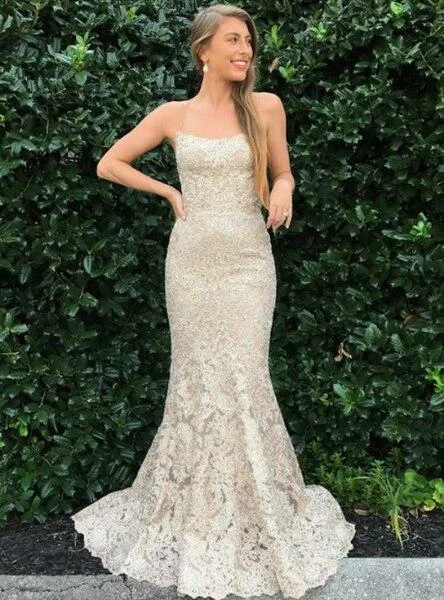 LONG CHAMPAGNE MERMAID LACE SPAGHETTI STRAPS PROM DRESS,DS2982