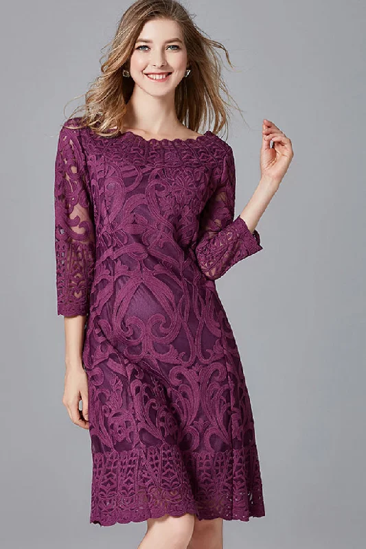 THREE QUARTER SLEEVE EMBROIDERED MIDI DRESS