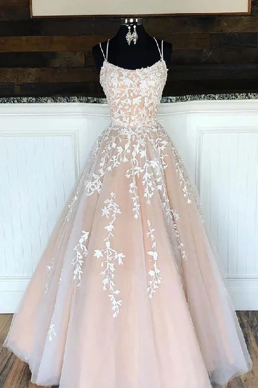 Unique Spaghetti Straps A Line Lace Appliques Tulle Lace up Pink Prom Dresses,DS4046