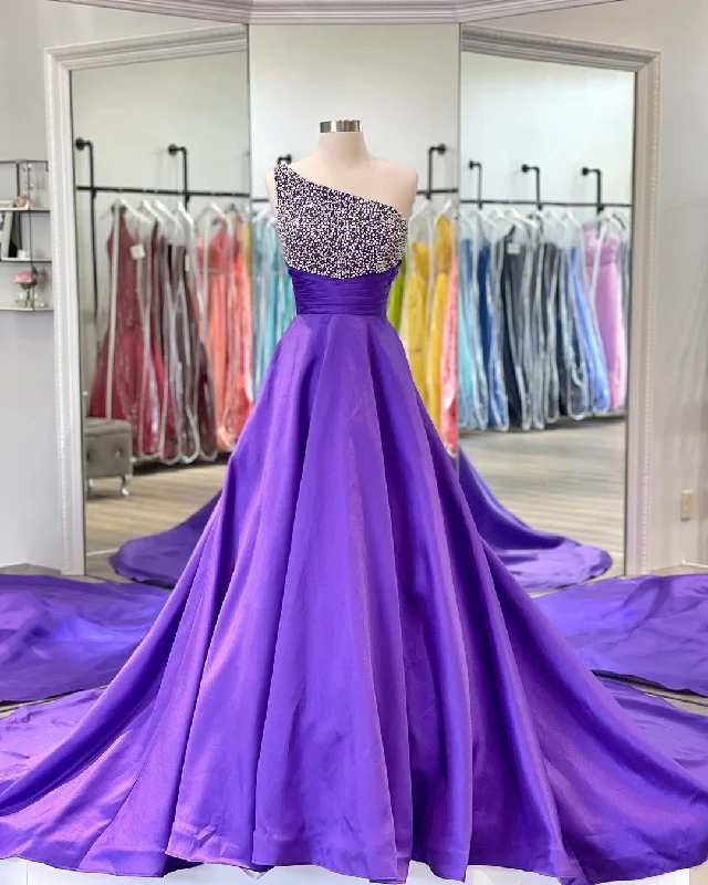 Beaded One Shoulder Purple Long Prom Dress,DS3160