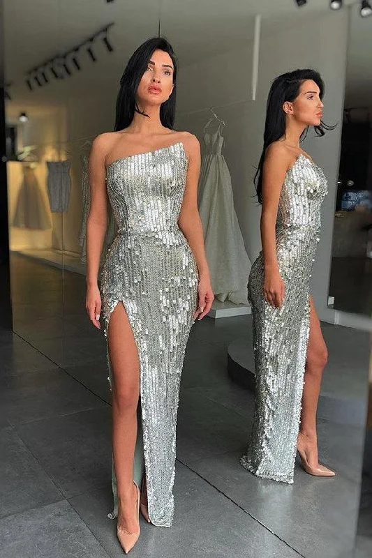 FASHION SILVER SEQUIN ASYMMETRIC NECKLINE HIGH SPLIT PROM DRESS,DS3512