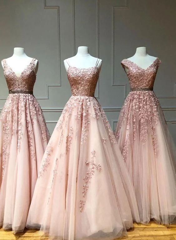 Pink tulle lace long prom dress, pink evening dress, formal dress,DS4106