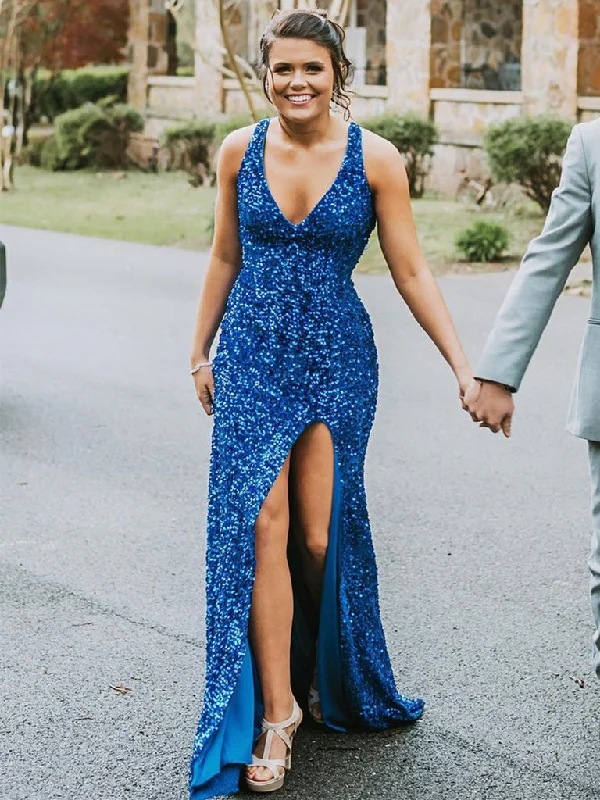 Mermaid V Neck Open Back Blue Sequins Long Prom Dresses,DS4509