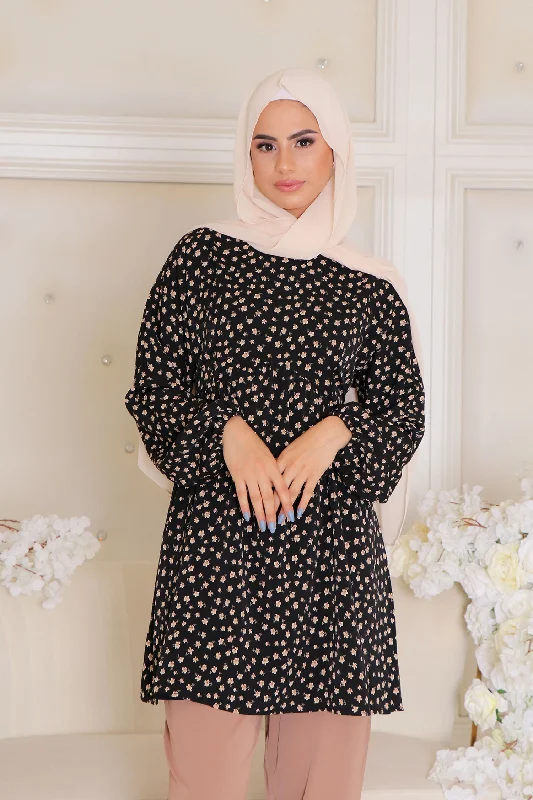 kim Floral Smock Top- Black